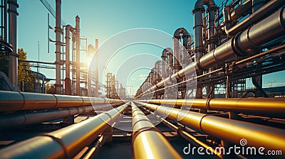 Low angle view at oil refinery plant industry zone at sunset Stock Photo