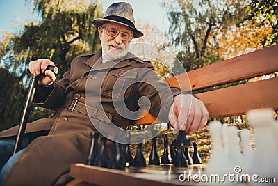 Low angle view photo of old man professional retired chess player sit bench town sunshine fall park play game have Stock Photo