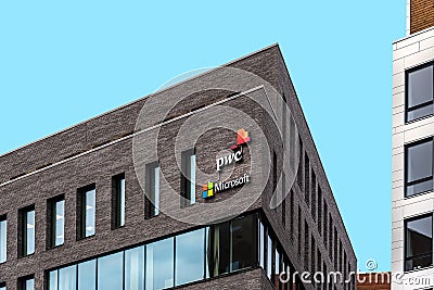 Low angle view of PWC and Microsoft offices in Barcode Project area in Oslo, Norway Editorial Stock Photo