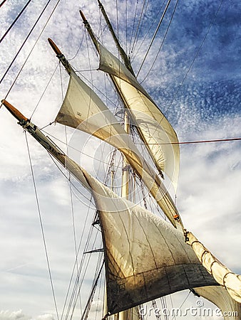 sails, mast and ropes view from below of a classic sailing ship. Stock Photo