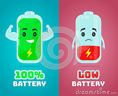 Low battery and full power battery vector flat cartoon character illustration. Energy charge Vector Illustration