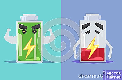 Low battery and full. Vector flat illustration. cartoon image Vector Illustration