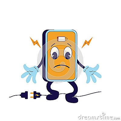 Low battery phone, 70's groovy Retro print. t shirt and sticker - poster design. Funky character low batter Vector Illustration