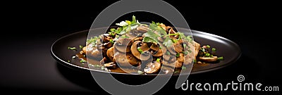 Low Carb Chicken Marsala On Black Matte Plate Stock Photo