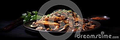 Low Carb Chicken Marsala On Black Matte Plate Stock Photo