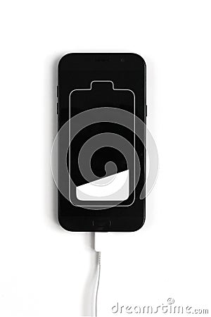 Low charged battery white icon in mobile phone screen. battery Charging in the mobile. Energy concept: isolated on white Stock Photo