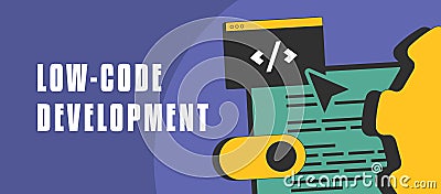 Low-code and no-code development banner shows how users can build apps without coding, boosting productivity and Vector Illustration
