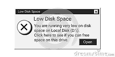 Low disk space retro message in black color. Old error window notification. Vector Illustration