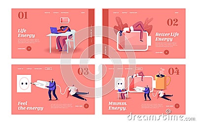 Low Energy and Working Burnout Landing Page Template Set. Tiny Exhausted Business People Characters Sleep and Relax Vector Illustration