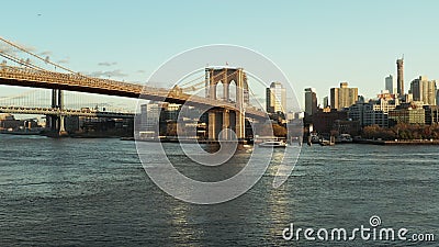 Low Flight Above Water, Cruise Ship Floating on Surface Under Brooklyn ...
