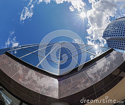 Low focus of a building in downtown Bellevue in Washington, with sunlight in the background Editorial Stock Photo
