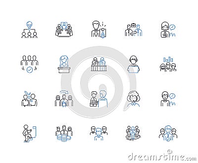 Low-key crowds line icons collection. Intimate, Quiet, Relaxed, Serene, Sparse, Reserved, Calm vector and linear Vector Illustration