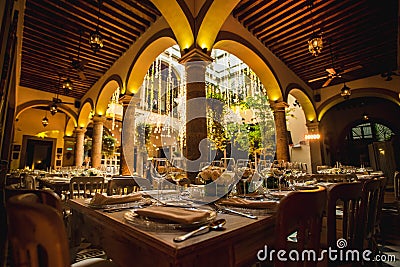 Low light luxury wedding ballroom decoration for weddings, receptions. Stock Photo