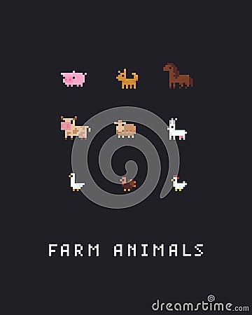 Pixel Art Farm Animals Vector Illustration