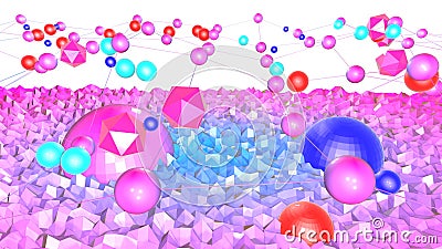 Low poly abstract background with modern gradient colors. Blue violet 3d surface with grid and 3d objects. V7 Stock Photo
