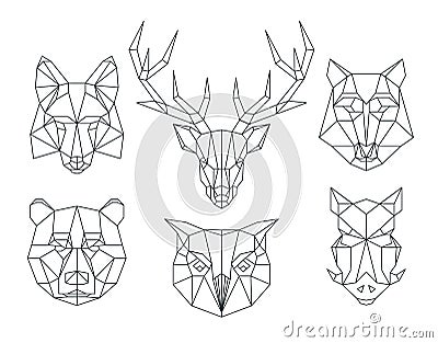 Low poly animals heads. Triangular thin line vector set Vector Illustration