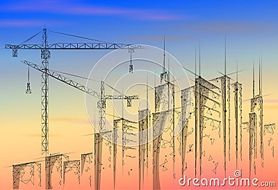 Low poly building under construction crane sunrise. Industrial modern business technology. Colorful sunset sky 3D Vector Illustration