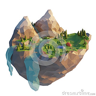 Low poly campersite in forest near river and mountain hill. Tourist camping tent outdoor summer activities. 3d render illustration Cartoon Illustration