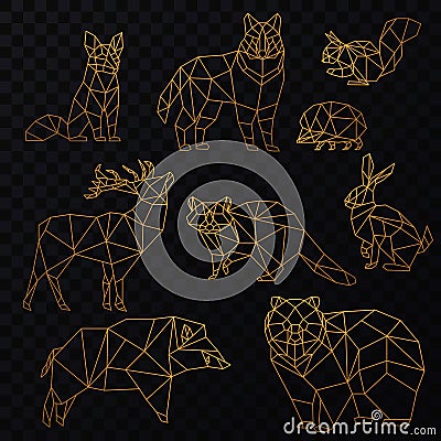 Low poly cgolden line animals set. Origami poligonal gold line animals. Wolf bear, deer, wild boar, fox, raccoon, rabbit Vector Illustration