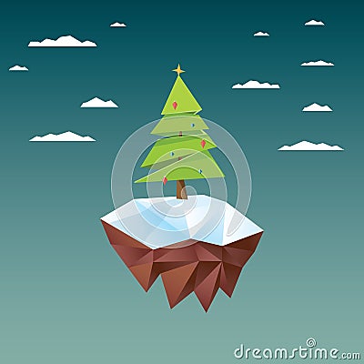 Low poly christmas tree on polygonal floating Vector Illustration