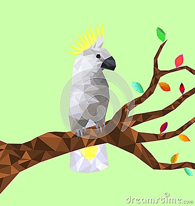 Low poly colorful Cockatoo bird with tree on back ground, birds on the branches ,animal geometric concept,vector Vector Illustration
