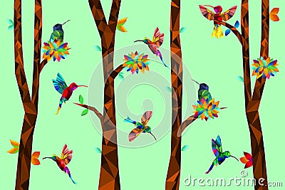 Low poly colorful Hummingbird with tree on falling leaves back ground, birds on the branches ,animal geometric concept,vector Vector Illustration