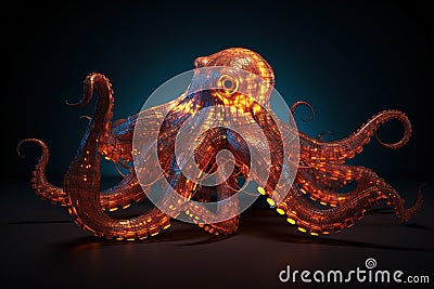 low poly 3D octopus, front facing, led color background, colorful, intricate detail texture, 3d render, unreal engine AI generated Stock Photo