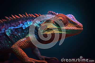 low poly 3D tokay gecko, agama, front facing, led color background, neon effect, AI generated Stock Photo