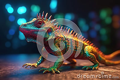 low poly 3D tokay gecko, agama, front facing, led color background, neon effect, AI generated Stock Photo