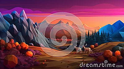 Low Poly Desert Landscape With Deer And Autumn Colors Stock Photo
