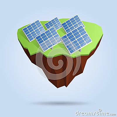 Low poly floating island with solar panels isolated on the background. Polygonal 3d design or infographic element Cartoon Illustration