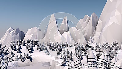 Low poly forest landscape. Illustration. Spruce forest and mountains. 3d render Stock Photo