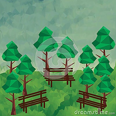 Low poly forest with trees and benches Vector Illustration