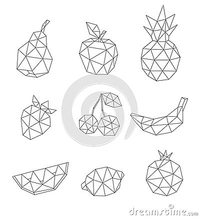 Low poly fruit set isolated on white. Decorative geometric triangle apple, cherry, pear and other. Vector Illustration