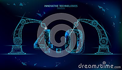 Low poly future industrial revolution concept. Industry 4.0 number assembled by robotic arm. Online technology industry Vector Illustration