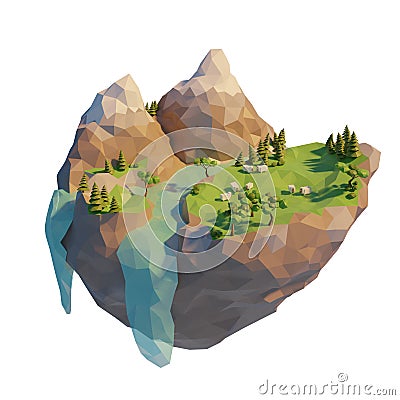 Low poly geometric landscape with sheep. Mountain with river and trees. 3d render illustration Cartoon Illustration