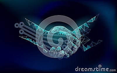 Low poly handshake future industrial revolution concept. AI artificial and human union. Online technology agreement Vector Illustration