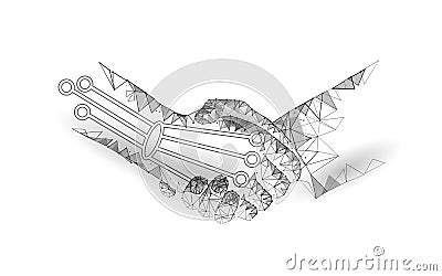 Low poly handshake future industrial revolution concept. AI artificial and human union. Online technology agreement Vector Illustration