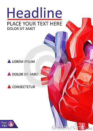 Low poly human heart cover design. A4 Medical journals, conferenes Vector Illustration