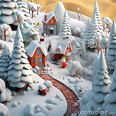 Low poly illustration of a village covered in heavy snow on a sunny day. Cartoon Illustration