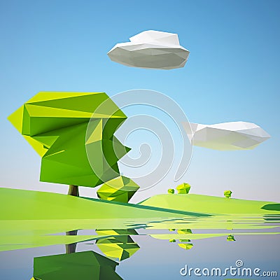 Low poly landscape with lake Stock Photo