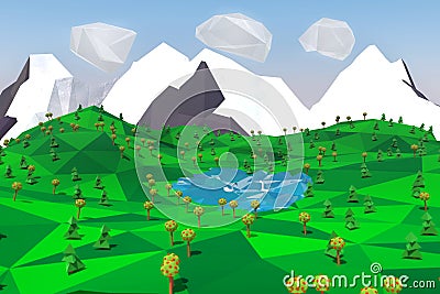 Low poly landscape with mountains, lake, trees and swans Stock Photo