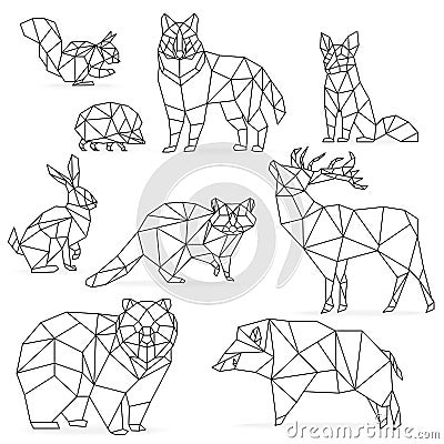 Low poly line animals set. Origami poligonal line animals. Wolf bear deer wild boar fox raccoon rabbit hedgehog. Vector Illustration