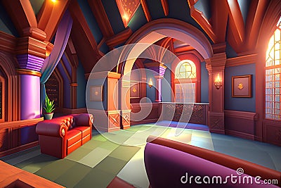 Low poly: magic castle, interior, wide angle, Ai generated Cartoon Illustration