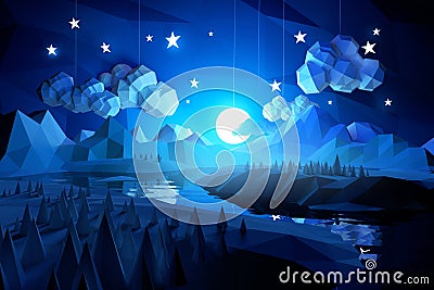 Low Poly Midnight Landscape Stock Photo