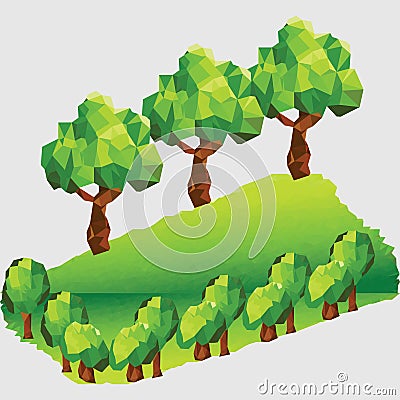 Low poly mountain landscape with trees. Vector Illustration