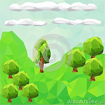 Low poly mountain landscape with trees. Vector Illustration