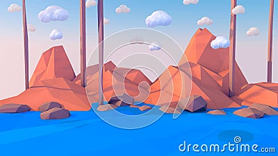 Low poly mountains landscape vector background. Polygonal shapes peaks with snow on top and trees around. Sunset wallpaper. Eps10 Vector Illustration