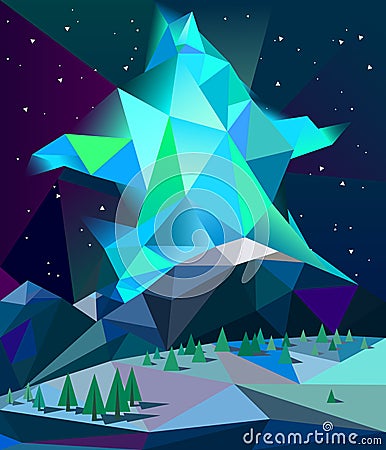 Low poly northern lights over mountains in winter night vector Vector Illustration