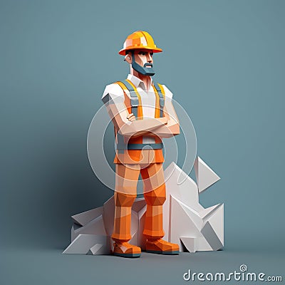 Low Poly Orange Construction Worker On Cru D: Inventive Character Design With Strong Use Of Color Cartoon Illustration